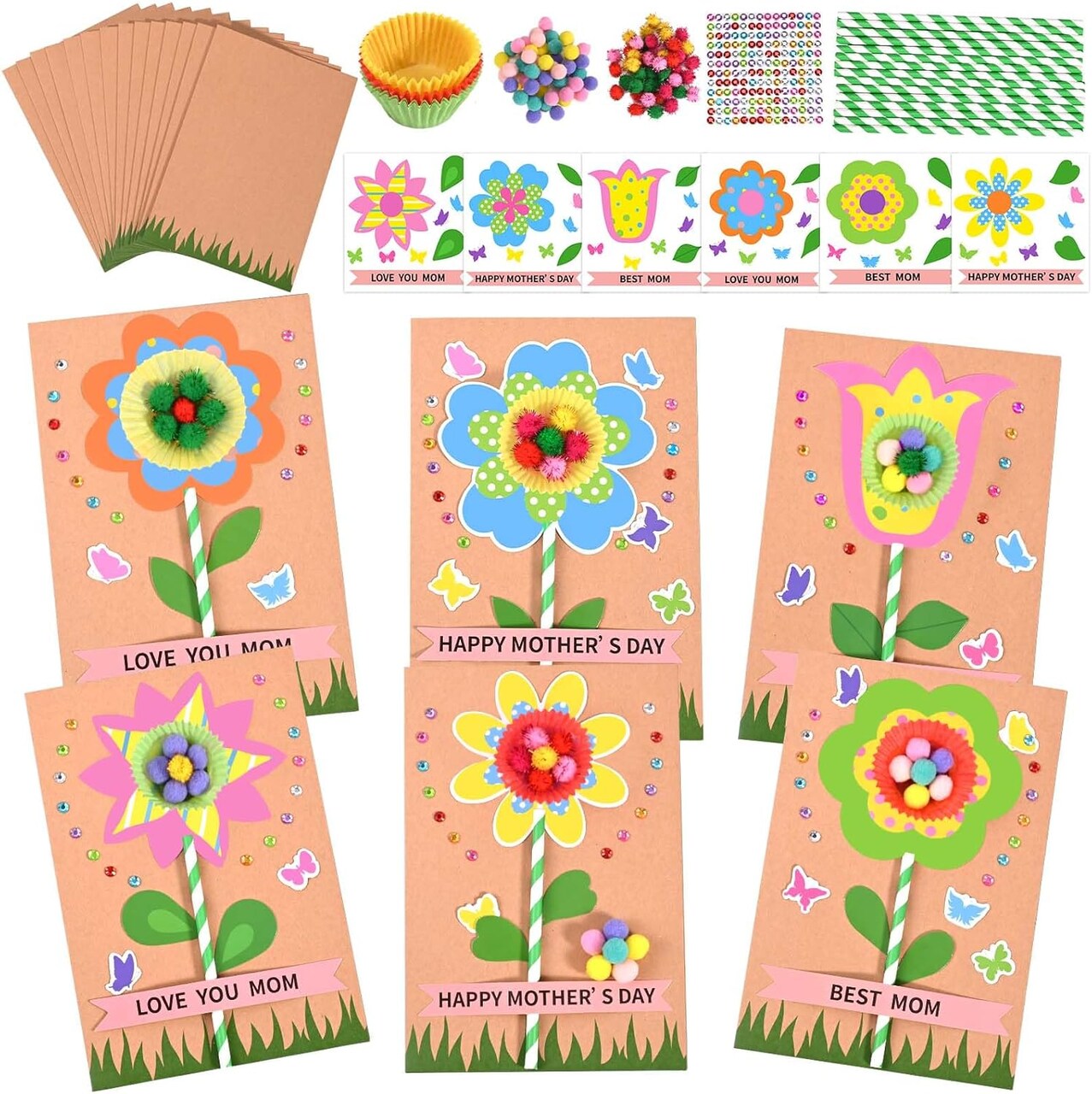 Mother’s Day Card Making Kit for Kids – 24 Sets DIY Flower Greeting Cards with Pom-Poms, Straws & Stickers, Spring Craft Activity for Classroom, School & Home Gifts for Mom
